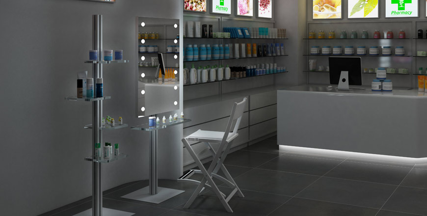 Make up corner in farmacia con specchio stand alone MDE505STA e sedia trucco S104 bianca