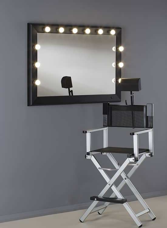 Specchio Hollywood vintage a 12 lampadine, sedia trucco in alluminio anodizzato con poggiatesta