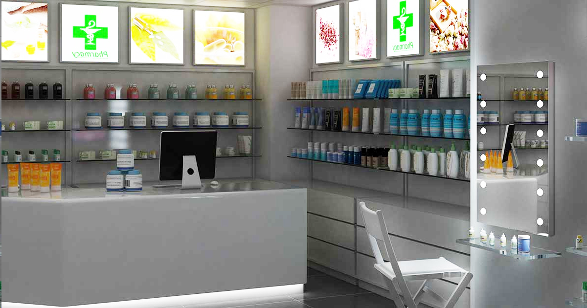 Progetto render di un beauty corner in farmacia