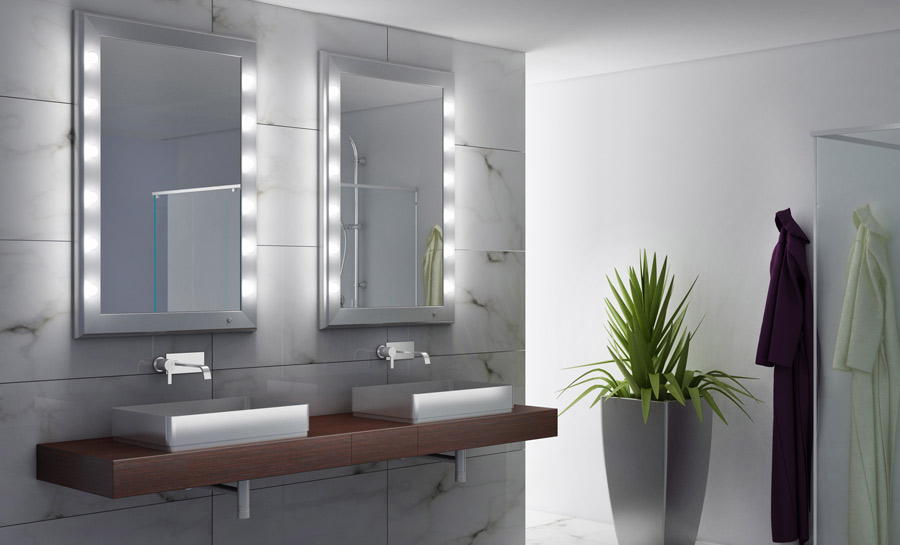 Specchi con luci in bagno con lavabo doppio